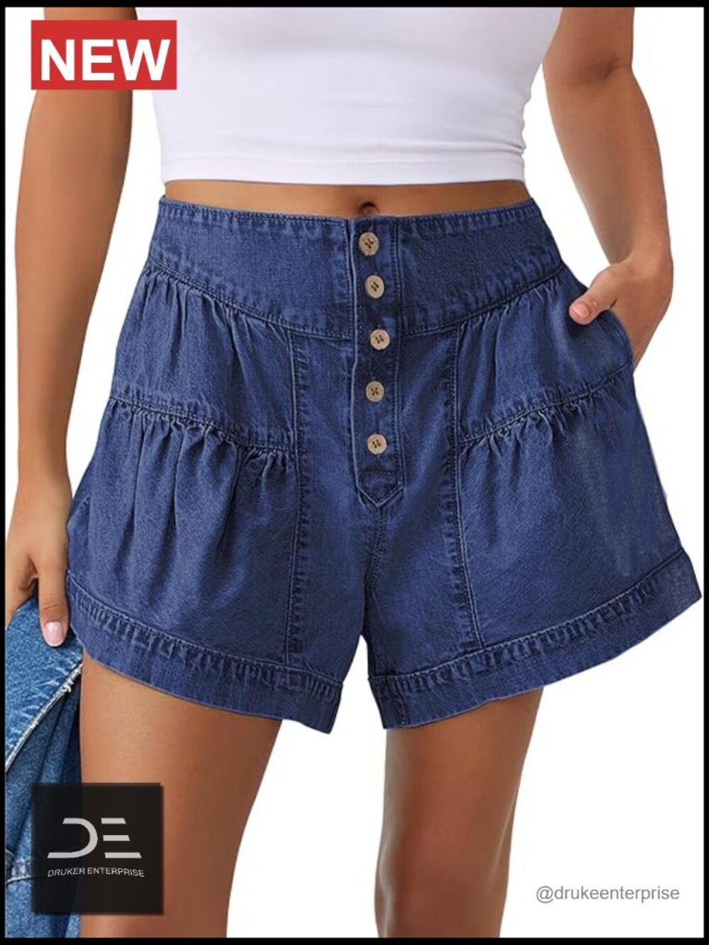 Baggy High Waisted Wide Leg Denim Shorts with Pleats and Pockets